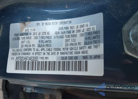 2015 Mazda Cx-9 Grand Touring z USA, uszkodzony, nr VIN JM3TB2DA5F0453293